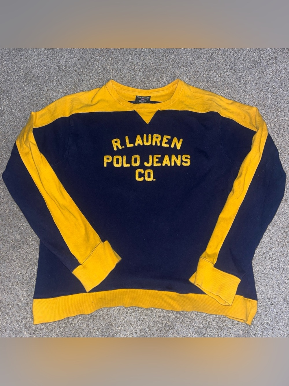 90s Vtg Ralph Lauren Polo Jeans Co Mens Large Sweatshirt Blue Yellow Made In USA